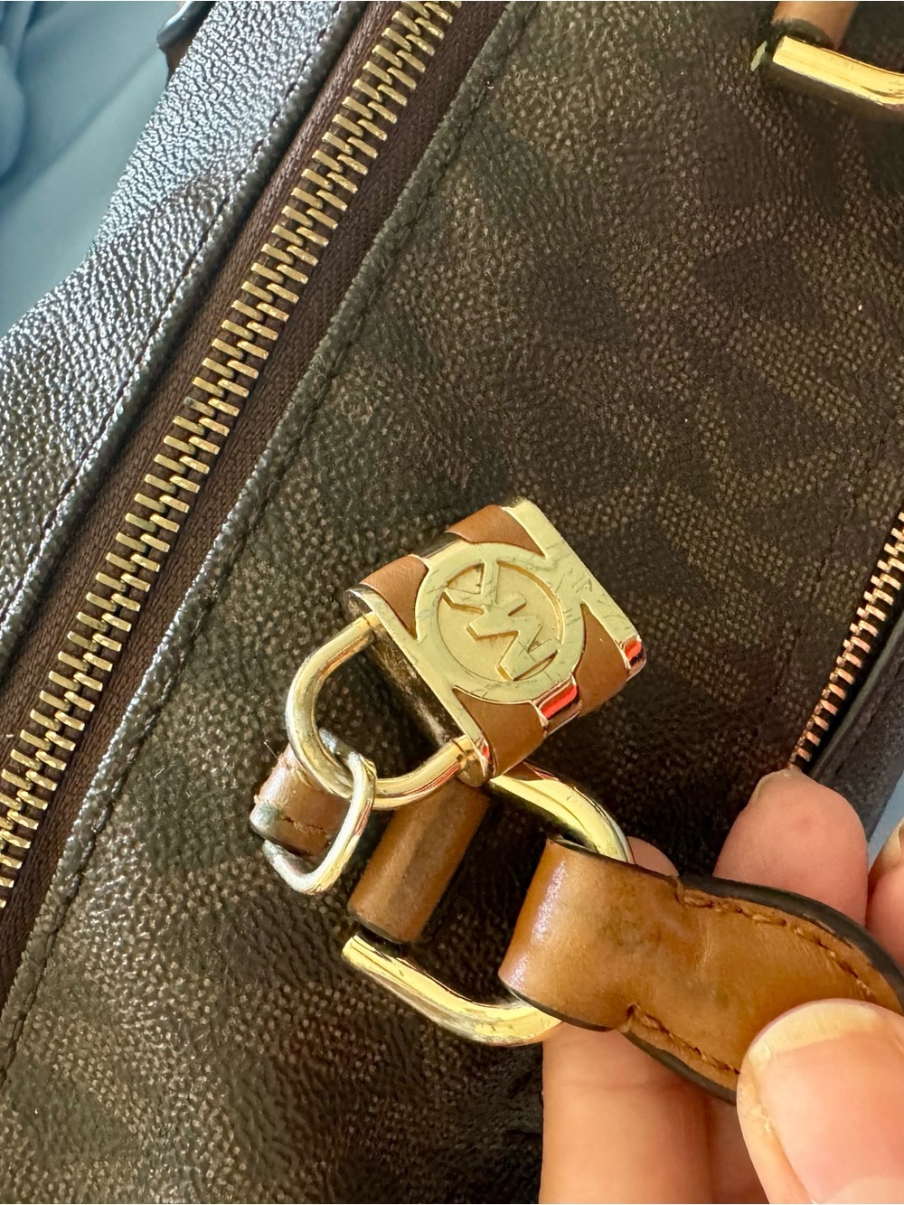 Michael Kors Brown MK Logo Duffel with Tan Handles and Gold Hardware - Picture 5 of 11